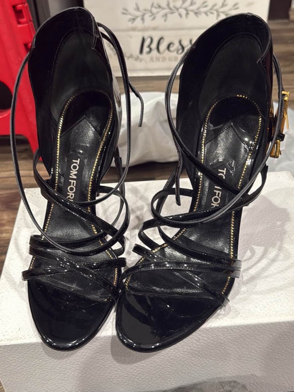 Tom Ford Black Patent Leather Strappy Wrap-Heel Sandals